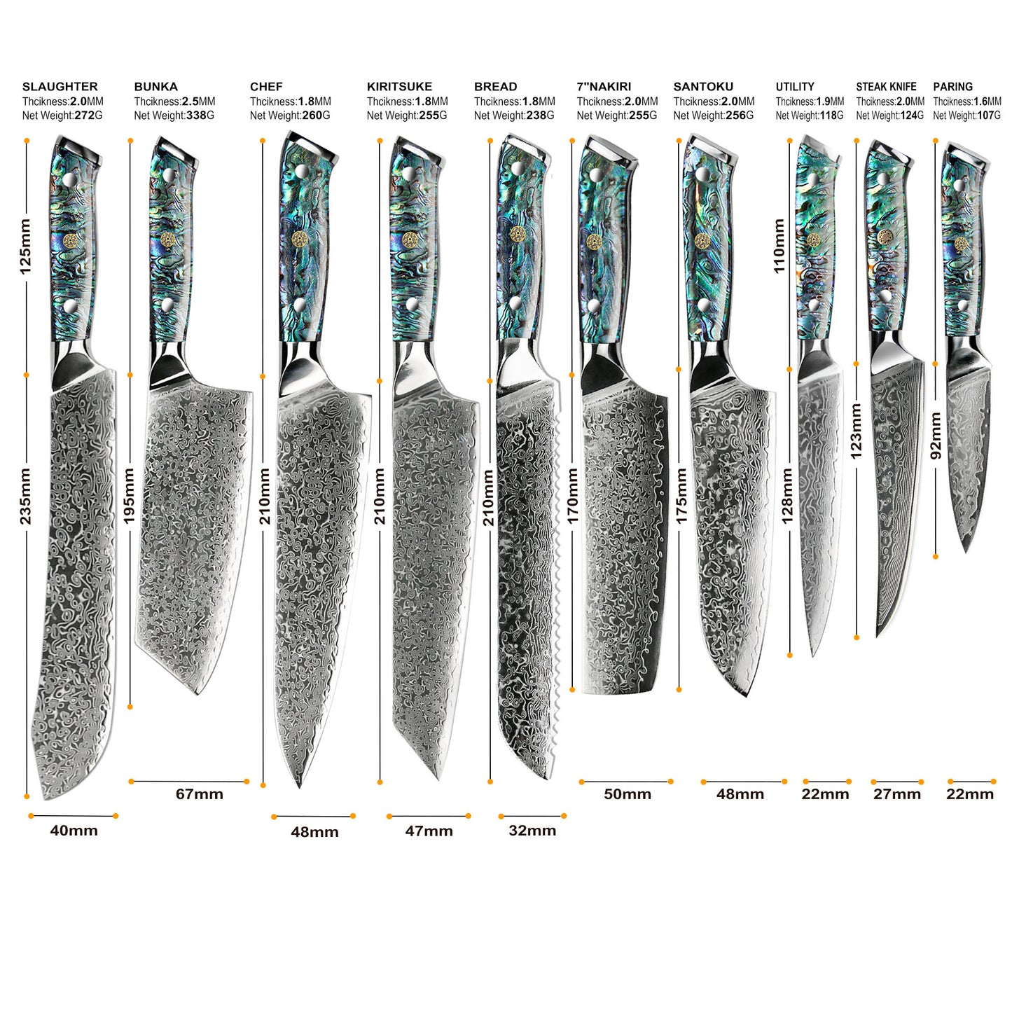 Abalone handle kitchen knives set